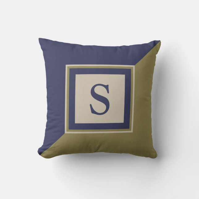 Navy Blue Olive Green Tan Monogram Cushion (Front)