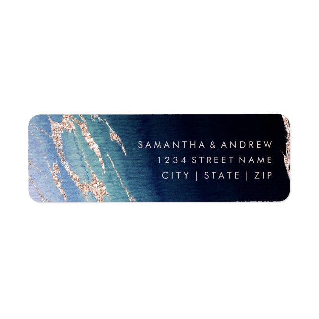 Navy Blue Ombre Agate Gold Wedding Return Address Label (Front)