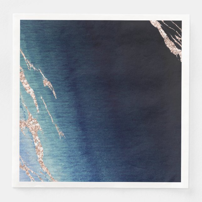 Navy Blue Ombre Agate Rose Gold Modern Wedding Napkin (Front)