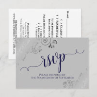 Navy Blue on Grey Silver Lace Calligraphy Wedding