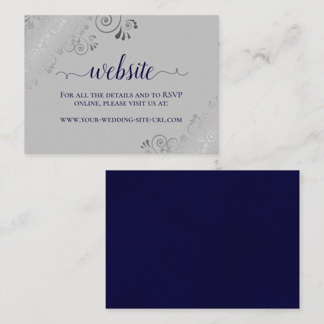 Navy Blue on Grey with Silver Lace Wedding Website Enclosure Card (Front/Back)