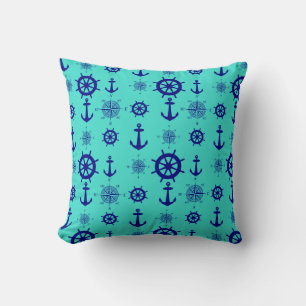 Navy Blue On Turquoise Nautical Pattern Cushion