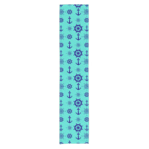 Navy Blue On Turquoise Nautical Pattern Short Table Runner