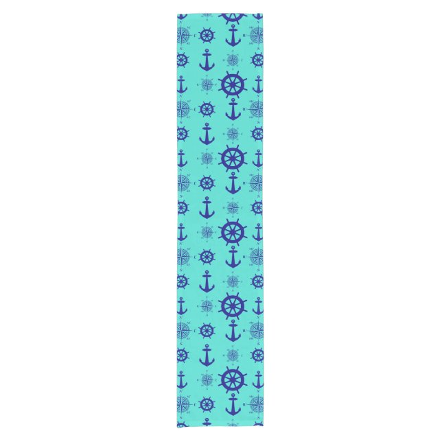 Navy Blue On Turquoise Nautical Pattern Short Table Runner (Front)