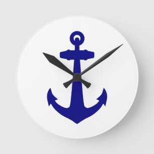 Navy Blue On White Coastal Decor Anchor Round Clock