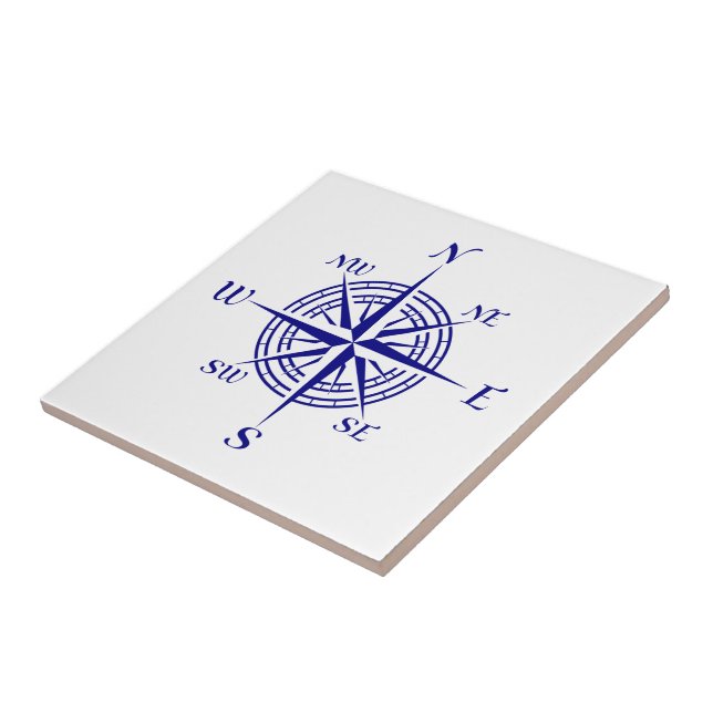 Navy Blue On White Coastal Decor Compass Rose Ceramic Tile (Side)