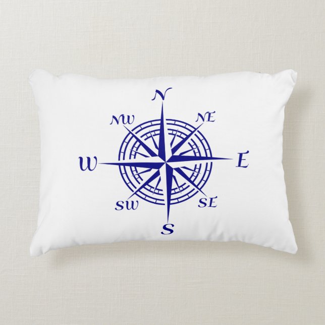 Navy Blue On White Coastal Decor Compass Rose Decorative Cushion (Front)