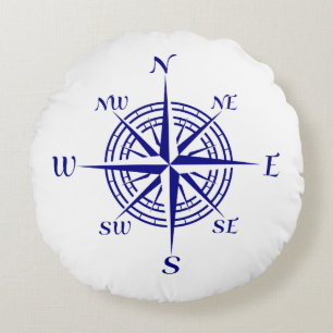 Navy Blue On White Coastal Decor Compass Rose Round Cushion