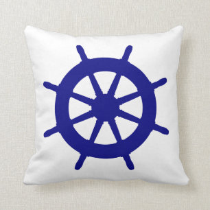 Navy Blue On White Coastal Decor Ship Wheel Cushion