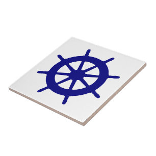 Navy Blue On White Coastal Decor Ship Wheel Tile