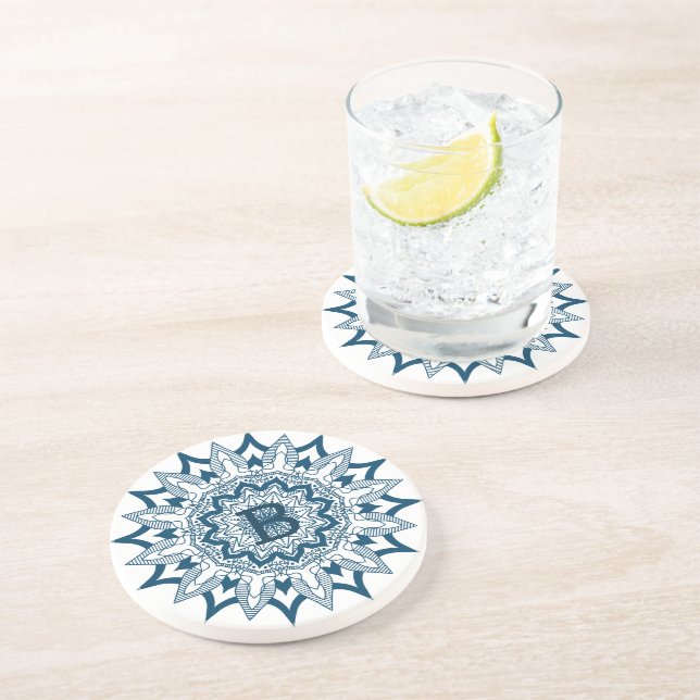 Navy-blue on white mandala monogram coaster (Side)