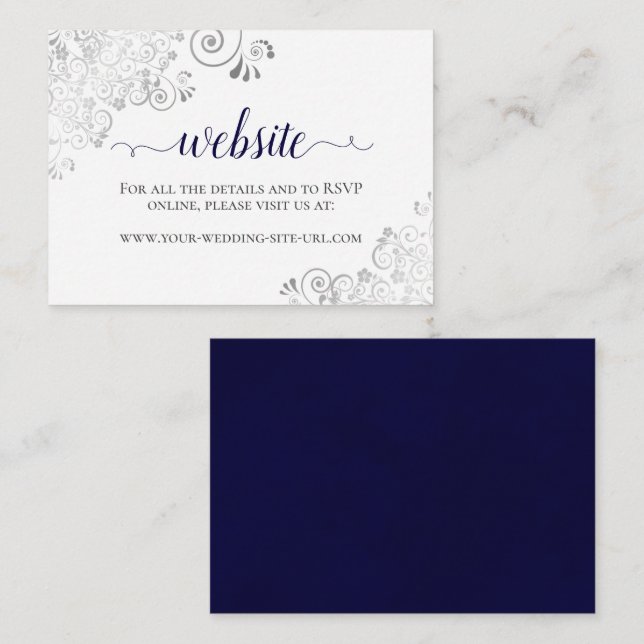 Navy Blue on White w/ Silver Lace Wedding Website Enclosure Card (Front/Back)