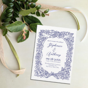 Navy Blue on White Wildflower Bird Drawing Wedding Invitation