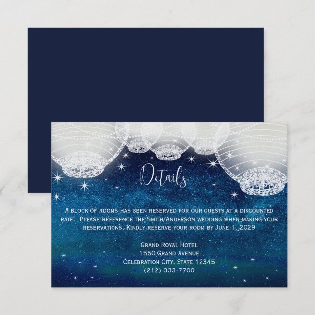  Navy Blue Opulence Galaxy Paper Lantern Enclosure RSVP Card (Front/Back)
