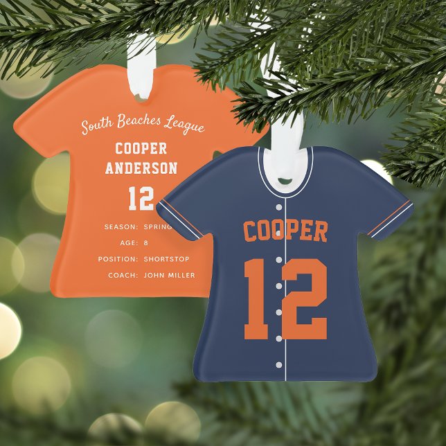 Navy Blue & Orange Baseball Jersey Player Stats Ornament (Creator Uploaded)