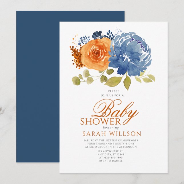 Navy Blue Orange Boho Fall Floral Baby Shower Invitation (Front/Back)