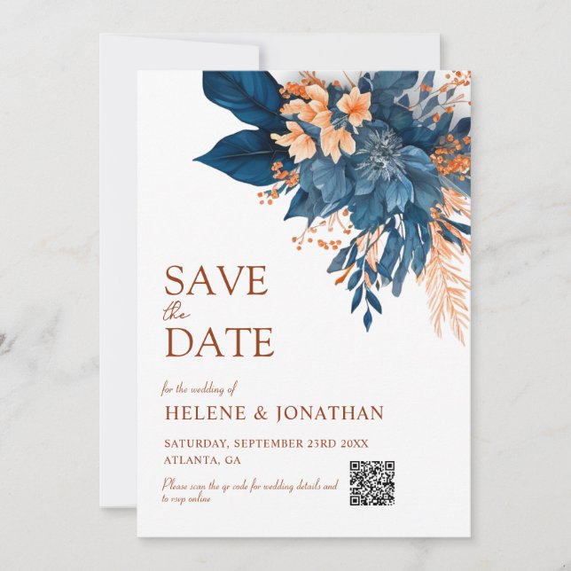 Navy Blue Orange Boho Floral Elegant Wedding Save The Date (Front)
