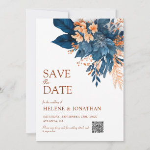 Navy Blue Orange Boho Floral Elegant Wedding Save The Date