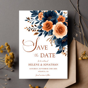 Navy Blue Orange Boho Garden Elegant Wedding Save The Date