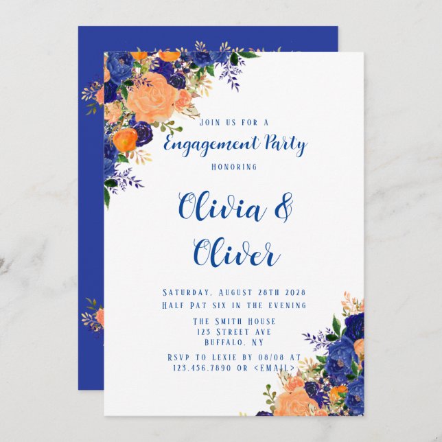 Navy Blue Orange Botanical Floral Engagement Party Invitation (Front/Back)