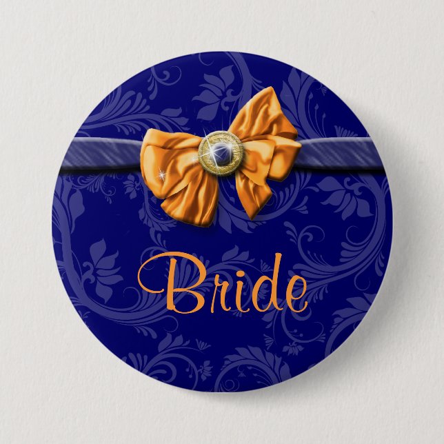 Navy blue orange bridal party wedding 7.5 cm round badge (Front)