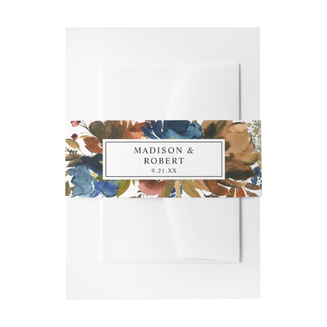 Navy Blue, Orange & Brown Fall Floral 3 Invitation Belly Band (Front Example)