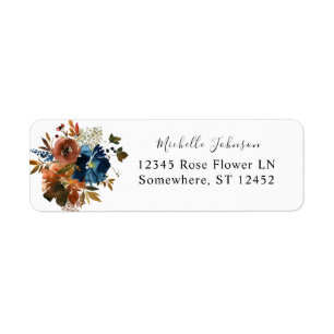 Navy Blue, Orange & Brown Floral Return Address Label