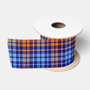 Navy Blue Orange Cyan Plaid Tartan Design Satin Ribbon