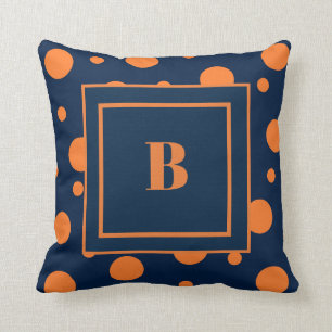 Navy Blue Orange Dots Large Monogram Cushion