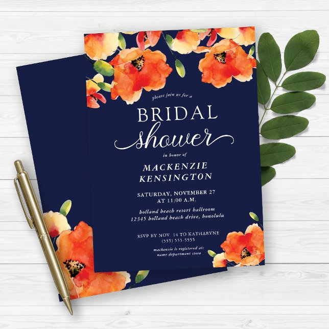 Navy Blue Orange Golden Poppy Bridal Shower Invitation (Beautiful Golden Poppies on Navy Blue)