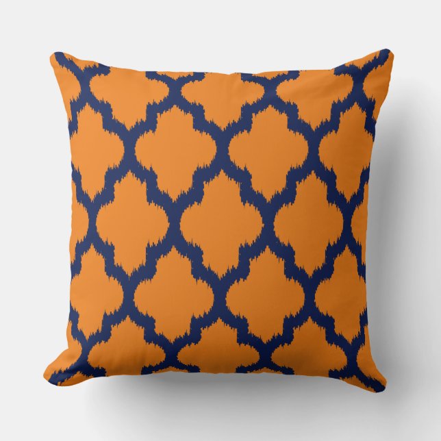 Navy Blue & Orange Quatrefoil Ikat Pattern Cushion (Front)