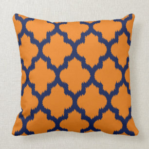Navy Blue & Orange Quatrefoil Ikat Pattern Cushion