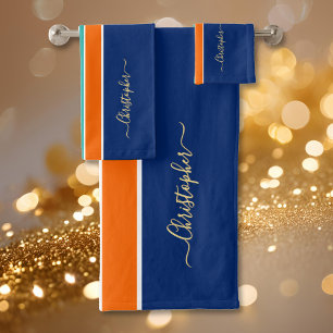 Navy Blue Orange Racing Stripes Faux Gold Monogram Bath Towel Set