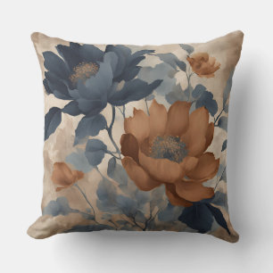 Navy Blue Orange Rustic Farmhouse Floral Cushion