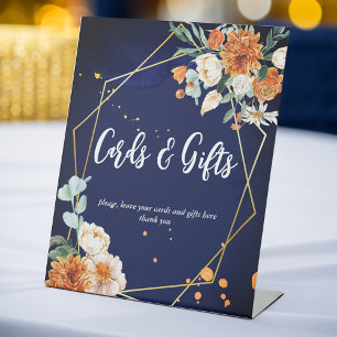 Navy blue orange sage flowers gift table sign