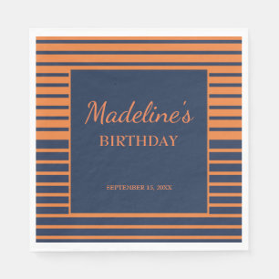 Navy Blue Orange Striped Birthday Party  Napkin