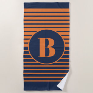 Navy Blue Orange Striped Monogram Beach Towel