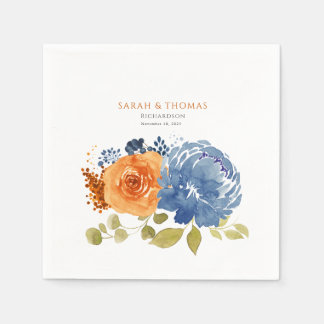 Navy Blue Orange  Terracotta Boho  Floral Napkin