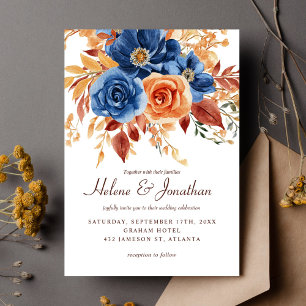 Navy Blue Orange Terracotta Elegant Wedding Invitation