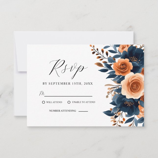 Navy Blue Orange Terracotta Floral Elegant Wedding RSVP Card (Front)