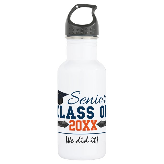 Navy Blue Orange Typography Graduation Bottle (Front)