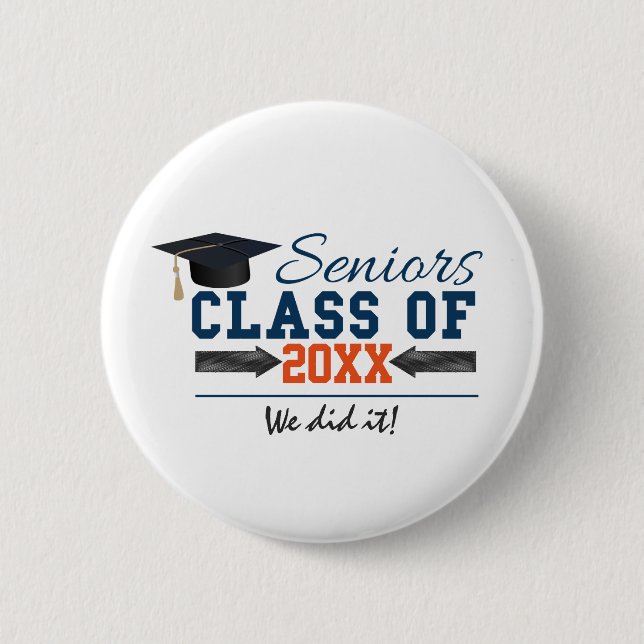 Navy Blue Orange Typography Graduation Button (Front)