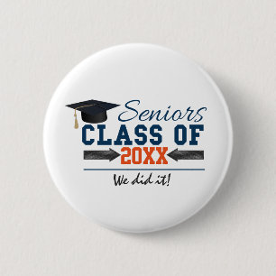 Navy Blue Orange Typography Graduation Button
