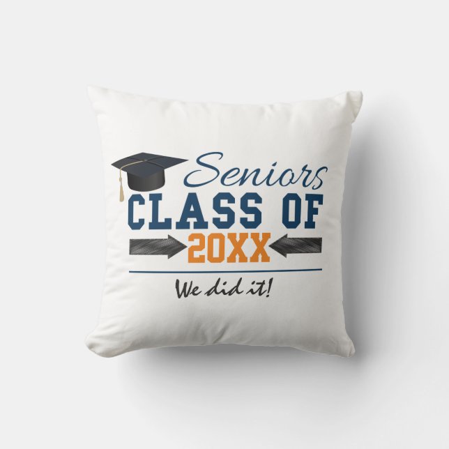 Navy Blue Orange Typography Graduation Cushion (Front)