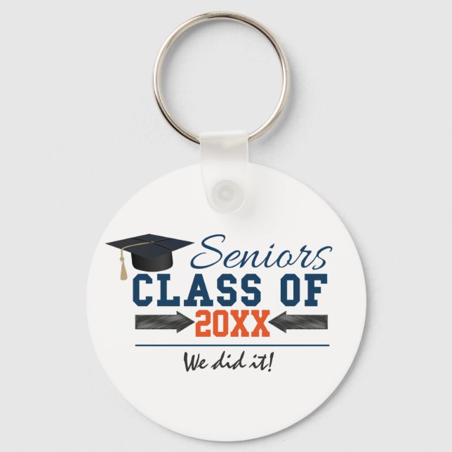 Navy Blue Orange Typography Graduation key ring (Front)