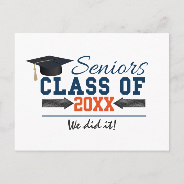 Navy Blue Orange Typography Graduation postcard (Front)