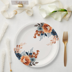 Navy Blue Orange Watercolor Floral Paper Plate
