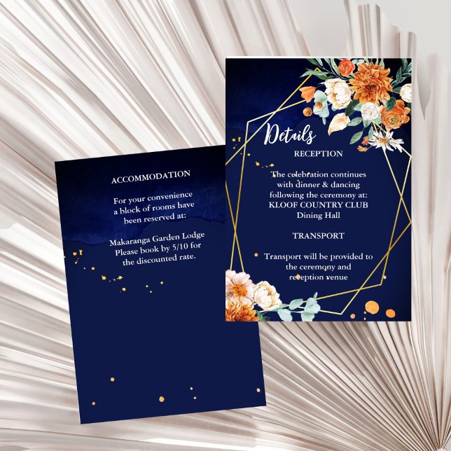 Navy blue orange white roses wedding details enclosure card (Navy blue orange white roses gold geometrical frame wedding details enclosure card invitation suite)