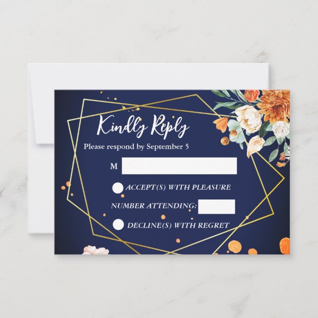 Navy blue orange white roses wedding RSVP (Front)