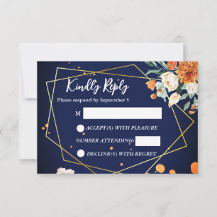 Navy blue orange white roses wedding RSVP